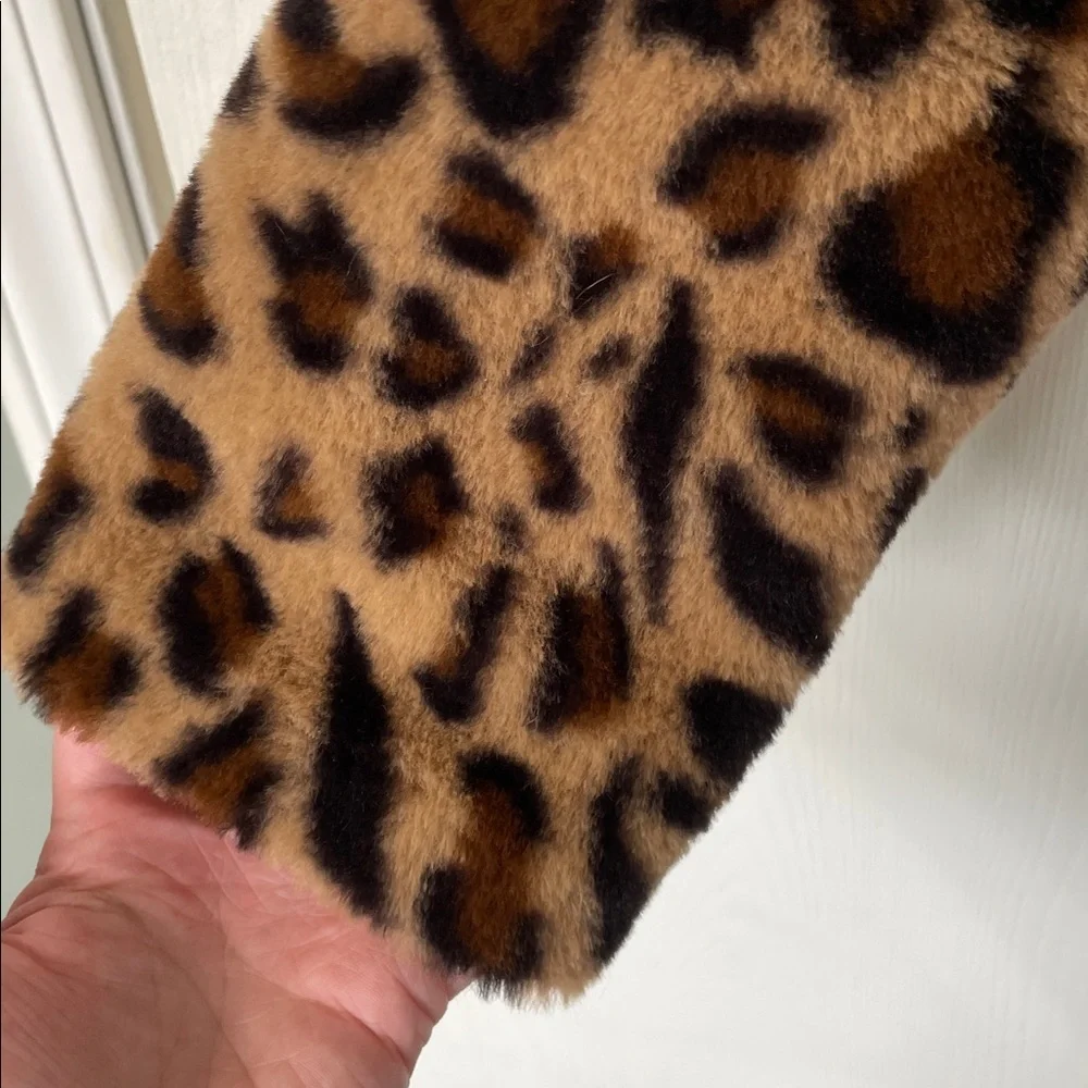 Leopard Print Faux Fur Teddy Coat Cropped Open Front Lined Size Small - Picture 3 of 9